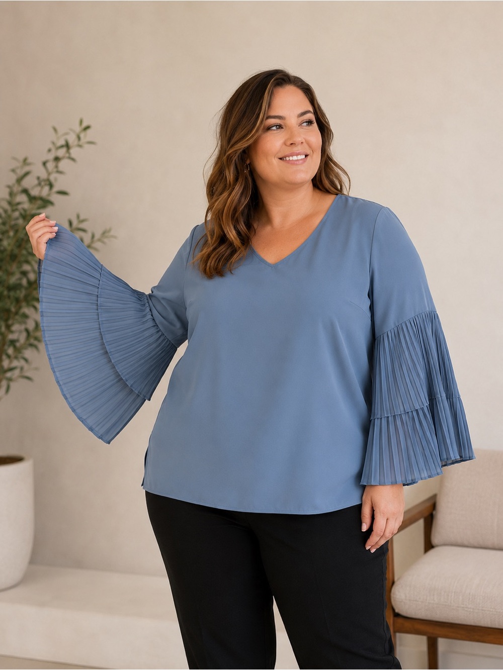 Joan Rivers 18W Blue Pleated Bell Sleeve Blouse Plus Size Career‎ Chic Fairy